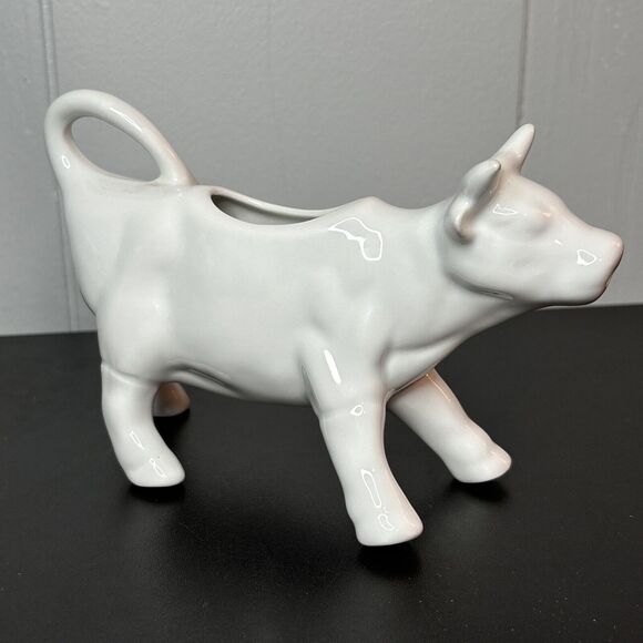 White Ceramic Cow Creamer 7” Rustic Farmhouse Chic - Picture 3 of 8